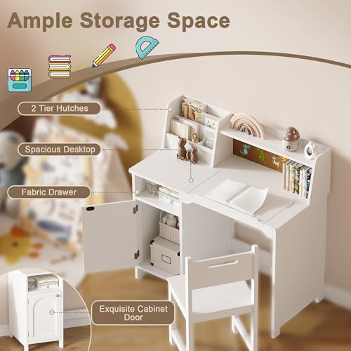 Image of Treocho Kids Study Desk and Chair Set, Kids Desk with Hutch and Tiltable Desktop for 3-8 Years Old, Wooden Children Study Table with Storage Cabinet, Student Writing Desks Bedroom, Home School, White