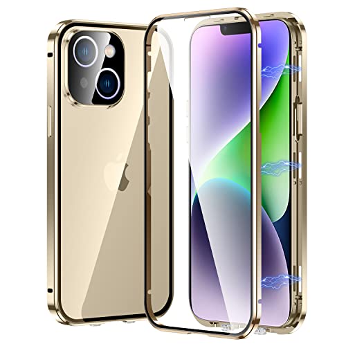Kumwum Magnetic Case For Iphone 14 Plus Front And Back Protection Ultra-Thin Tempered Glass Screen Protector Metal Bumper Double Sided Buckle Clear Cover With Camera Lens Protector - Gold #TOP14