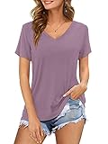 Amoretu Women's V Neck T Shirts Basic Short Sleeve Summer Tops Tees Mauve L