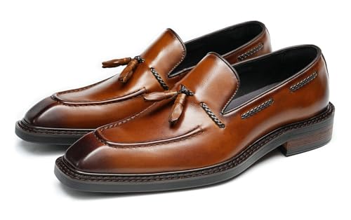 Santimon Men's Dress Tassel Loafers Slip-On Shoes - Genuine Leather Formal Business Casual Shoes for Wedding-Comfortable Prom Mocassins