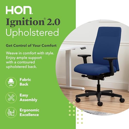 Image of HON Ignition 2.0 Ergonomic Office Chair with Adjustable Arms, Advanced Synchro‑Tilt Recline, Upholstered Desk and Computer Chair for Home Office or Workstation, Black Frame, Indigo