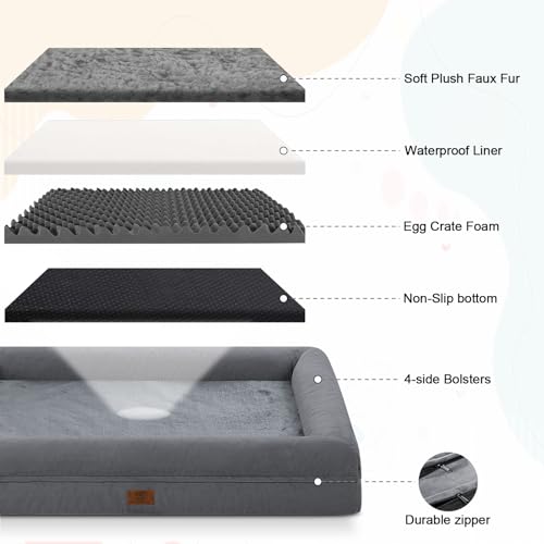 Image of Jumbo Waterproof Dog Bed for Extra Large Size Dogs with Bolster | 360 Degree Bolster Support, Egg Crate Foam, Waterproof Liner, Non-Slip Bottom, Machine Washable Cover, 53 x 42 Inch