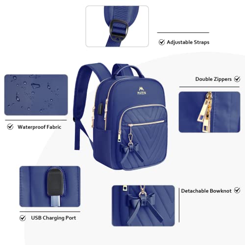Matein Small Backpack Purse For Women, Cute Lightweight Mini Daypack With Usb Charging Port, Fashion Waterproof Casual Daily Shoulder Bag, College School Bookbag For Ladies Teen Girls, 2Pcs Sets, Blue #TOP2