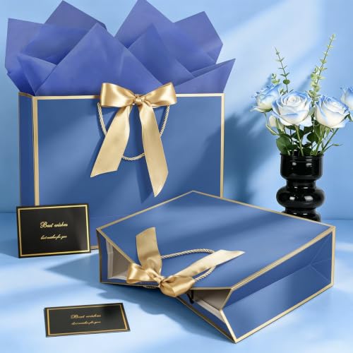 Image of JMANNI Gift Bags with Handles, 14.6 inch Large Gift Bags with Tissue Paper | 1 Pcs Blue Gold Bag, 2 Tissue Paper and 1 Cards, for Baby Shower, Wedding Bridal Shower, Birthday Party