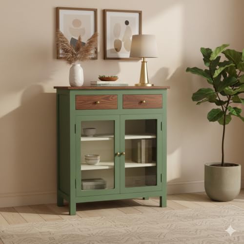 Image of Solid Wood Madrid 2 Drawers Crockery Unit | Sideboard Cabinet | Glass Door Cabinet | Finish - Premium Olive Green & Off White