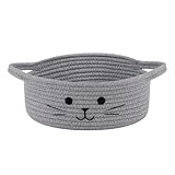 HiChen Small Woven Rope Storage Basket, Cute Cat Toy Basket for Living Room, Baby Baskets for Nursery, Gift Baskets Empty for Baby Shower, Grey, 9.8 x 4 inches