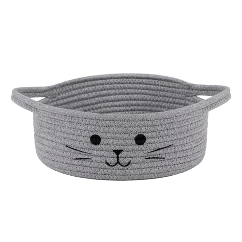 HiChen Small Woven Rope Storage Basket Cute Cat Toy Basket for Living Room Baby Baskets for Nursery Gift Baskets Empty for Baby Shower Grey 9.8 x 4 inches