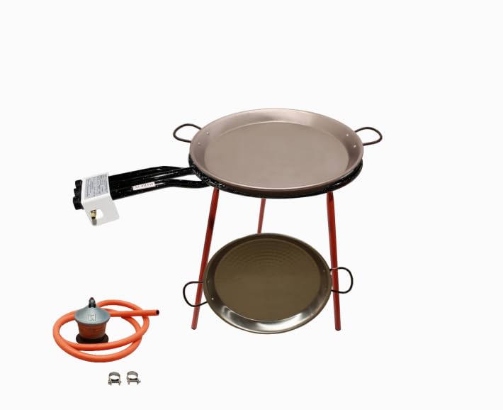 FERRETERIA LEPANTO Kit Paellero, Quemador a Gas butano, paellera acero pulido, regulador de Gas + 1,5 metros de Manguera, soporte de 3 Patas Resistentes (Pulida, 65 CM)