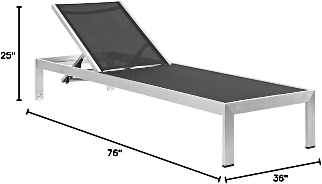 Pemberly Row Modern Aluminum Outdoor Chaise Lounge, 76 x 25 x 19-36 in, Mesh and PVC-Coated Polyester, Black/Silver Finish, Adjustable Recliner with Wheels, Breathable Patio Sun Lounger for Relaxation