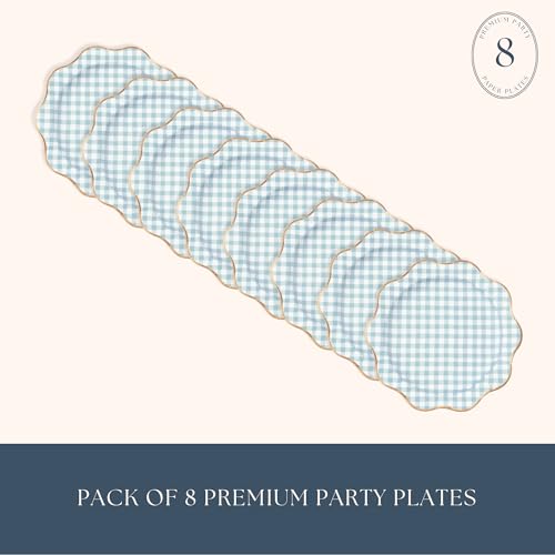 Image of Bonjour Fete Elegant Light Blue Gingham Paper Party Dinner Plates | Large Disposable Size for Baby Showers, Spring Parties & Birthday Celebrations | Premium Supplies & Decorations | Pack of 8, 11 inch
