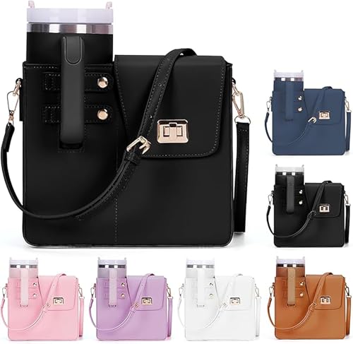 Image of House of Quirk Outdoor Portable Crossbody Tumbler Holder Bag with Purse Compartment - Travel Water Bottle Carrier for Hiking, Walking, Camping (Black)