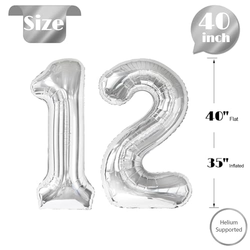 Image of Silver Number 12 Balloon 40 inch, 12 Number Balloons, 12th Silver Birthday Decorations, 12 Year Old Silver Party Supplies