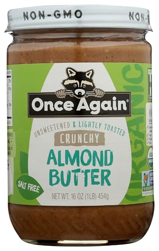 Once Again Organic Crunchy Almond Butter, 16oz - Lightly Toasted - Salt Free, Unsweetened - USDA Organic, Gluten Free Certified, Peanut Free, Vegan, Kosher, Paleo - Glass Jar