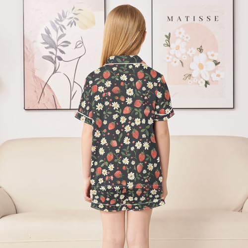 ALAZA Strawberry Daisy Blossom Print Satin Pajamas Set Short Sleeve Button Down Sleepwear Summer Pjs 2 Piece4