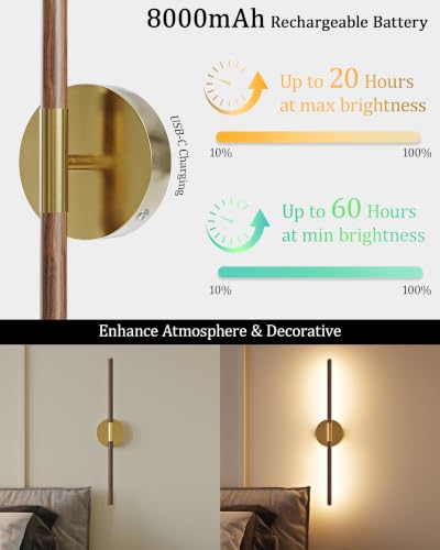 Image of 40 inch Battery Operated Wall Sconce Set of 2, 350 Rotating Lamp, Walnut Gold | Wireless, 8000mAh Rechargeable Battery, Stepless Dimming, 3000K-6000K, Remote & Touch Control, Timer, Living Room, Bedroom