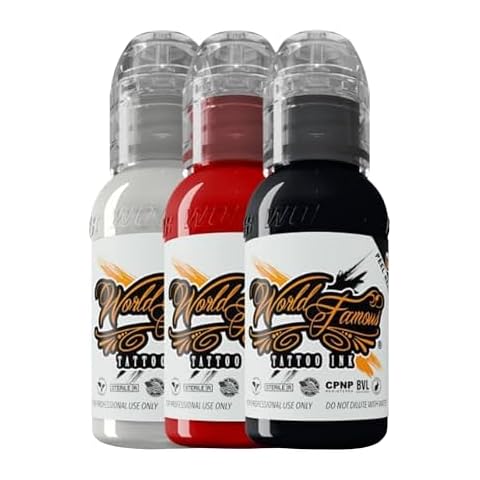 World Famous Trash Polka Mini Tattoo Ink Pigment Set of 3, Vegan, Professional Supplies, 1oz Bottles, Paul Rogers Red, Blackout, Portrait White Cover