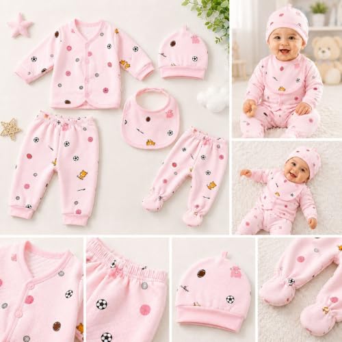 Image of Newborn Baby Clothes Set 0-3 Months, 5-Piece Cotton Clothing Set with Wrap Top, 2 Pants, Cap & Bib, Printed Dress for Baby Boys & Baby Girls, Pink
