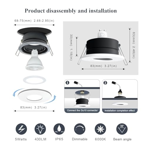 Sweier Recessed Ceiling Lights IP65, 5W LED Waterproof Downlights Dimmable 6000K Cool - Image 2