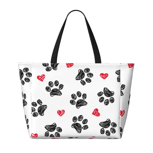 Pet Colorful Doodle Paw Hearts Dog Pattern Beach Bag Women Tote Bag Pool Bag With Zipper For Gym Grocery Travel With Wet Pocket2