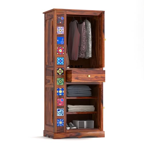 Image of Sheesham Wood Wardrobe for Bedroom - Already Assembled Solid Wood Almirah with Doors & Drawer Storage | Wooden Cupboard for Clothes, Multi-Utility Wardrobe Furniture for Home | Honey Finish