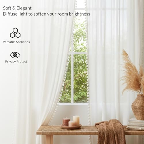 Image of HOMEMONDE Cotton Sheer Curtains Door 7 Feet Sun Light Filtering Curtain with Rod Pocket, Both Sides Pompoms, Pack of 1 - (White, 84 Inch)