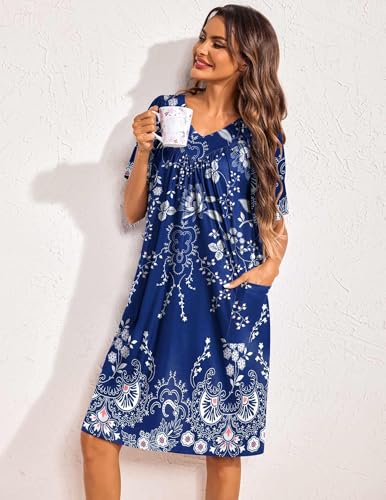 Image of Ekouaer Womens House Dress Floral Print Nightgown with Pockets Mumu Dress | V Neck Nightgowns for Women Pleated Short Sleeves Mumu Dresses Knee Length Moo Moo for Sleep, Daily Wear, Vacation, Party
