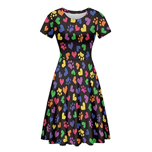 ENLACHIC Damen Casual Animal Floral Print Kurzarm A Line Swing T Shirt Kleid Plus Size, Bunte Liebe Hund Pfote, Mittel