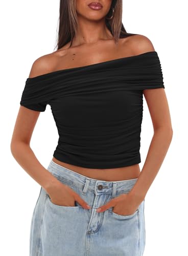Darong Women Mesh Off The Shoulder Top Short Sleeve Double Lined Ruched Shirts Trendy Going Out Tops Summer Fashion Clothes3