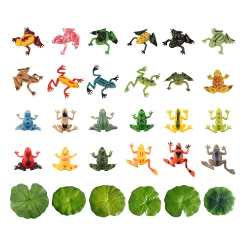 ZBHDEYG Lot de 24 jouets grenouille - 6 feuilles de lotus de simulation - Mini grenouille - Jouet de bain pour animaux - Jouet flottant - Accessoire de...