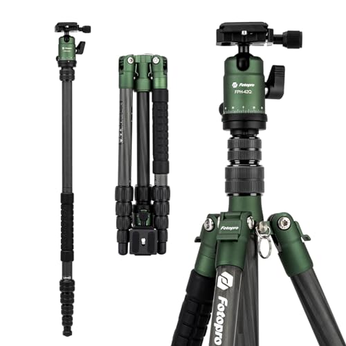 Fotopro 152CM カーボンファイバー トラベル三脚 ボールヘッド＆クイックリリースプレート付属 コンパクト設計 デジタル一眼レフ/ミラーレス対応 一脚変換可能 専用収納バッグ付き 耐荷重8KG X-go E2 緑