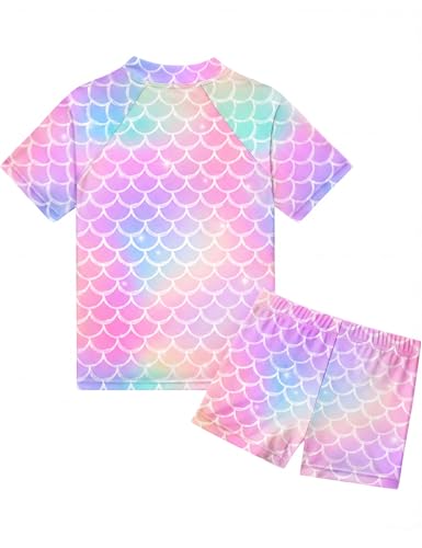 Image of Girls Swimsuit Colorful Short Sleeve Bathing Suits UPF 50+ Rash Guard Set Two Piece Summer Swimwear