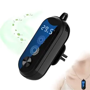 Personal Air Purifier,Portable Wearable Air Purifier Necklace with LED Screen Display Outdoor Digital Thermometer for Travel,All in 1 Mini Car Air Purifier and Freshener with 1 Aromatherapy Tablet
