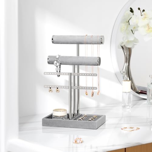 Image of Jewelry Organizer Stand for Necklaces, Bracelets, Earrings, Rings, Grey | 3 Tier Velvet Bracelet Holder Display | Jewelry Organizers and Storage | Jewelry Tree | Jewelry Towers