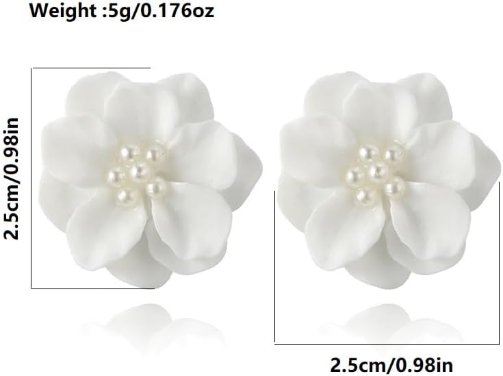 White Flowers Pearls Stud Earrings for Women Dainty Acrylic Floral Statement Dangling Earrings Boho Yellow Petal Blossom Jewelry Mothers Day Accessories - Image 3