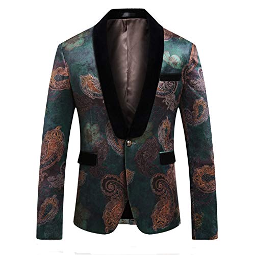 MOGU Mens Printed Blazer Velvet Slim Fit Shawl Lapel Tuxedo Jacket US Size 30 (Asian Lable Size M/48) Blue