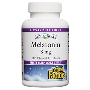 Stress-Relax Melatonin 3 mg by Natural Factors, Natural Sleep Aid, Resets the Sleep-Wake Cycle, 180 chewable tablets (180 servings), Peppermint Flavor