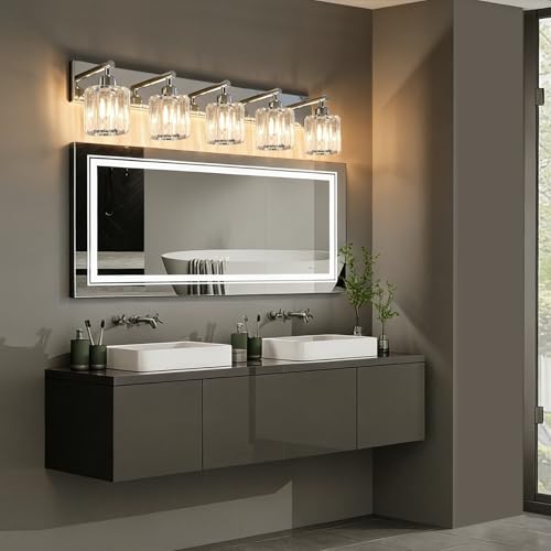 Image of Brushed Chrome Crystal Bathroom Vanity Light, 5-Light Modern Bathroom Lighting Fixtures Over Mirror,Chrome Wall Sconce Light Fixtures with Round Shade