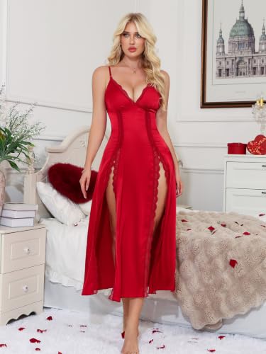 Image of CRIPOM Silk Lingerie Dress for Women Long Nightgowns for Women Sexy Chemise with Thong 2 Piece S-XXL