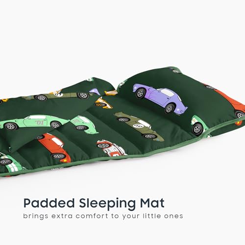 Image of Wake In Cloud - Toddler Nap Mat with Pillow and Blanket, for Kids Boys Ages 3 Plus in Kindergarten Daycare Preschool, Roll Up Sleeping Bag, Race Cars Vehicles
