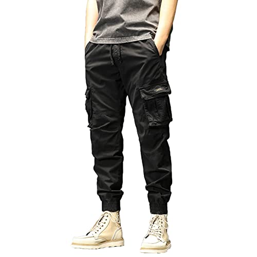 House Boy Mens Cotton Plus Size Pocket Solid Elastic Waist Pants Overall Pants Black #TOP21