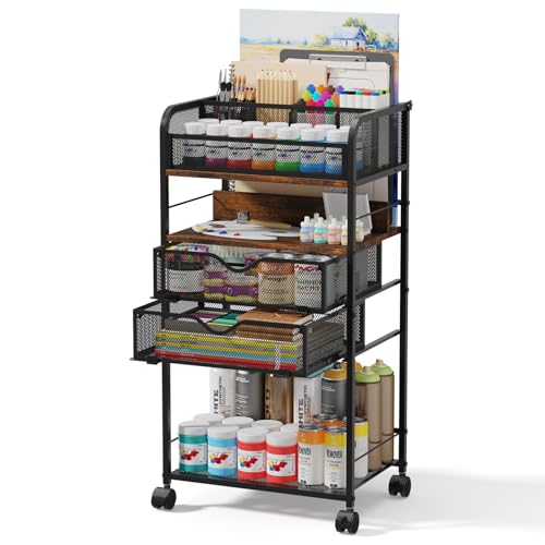 Art cart, 5 Tier Rolling Cart - Utility Cart with Storage Drawer and Wheels, Versatile Art & Craft Organizer for Home, Office, or Studio Ideal for Storing Brushes, Paints