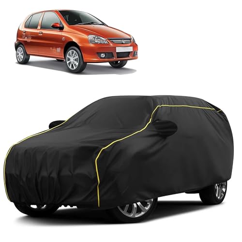Image of Sulfar 100% Water Resistant Car Body Cover Compatible with Mirror for Tata Indica eV2 (Triple Stitched, Full Bottom Elastic, Black Taffeta with Yellow Piping)