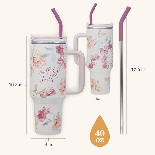 Image of Christian Art Gifts 40 oz Tumbler for Women: 2 Corinthians 5:7 Bible Verse, Stainless Steel, Insulated Travel Mug with Lid, Reusable Straw & Flex Tip, White & Pink Floral, Encouraging Gift for Women