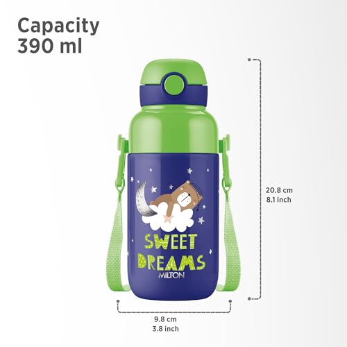 Image of Milton Steel Indus 400 Thermoware PU Insulated, 390 ml Water Bottle with Straw for Kids, Leak Proof Flip Top Sipper Lid Bottle, School, Picnic, Easy to Carry Belt, Dark Blue