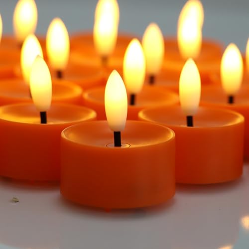 Image of CANDLE CHOICE Battery Operated Flameless Tea Lights Realistic Black Wick Bright Flickering LED Tealight Candles Wedding Table Centerpieces Halloween Christmas Decorations Batteries Incl 12 Pack Orange