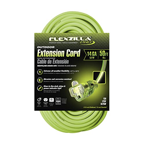 Image of Flexzilla Pro Extension Cord, 14 /3 AWG SJTW 3 Pin, 50 ft, Lighted Plug, Indoor /Outdoor, ZillaGreen - 721-143050FZL5F