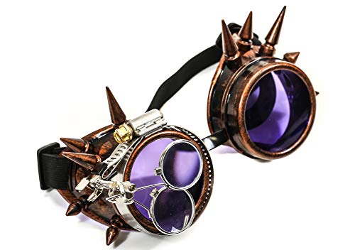 Copper Steampunk Victorian Style Spike Goggles Colored Lenses & Ocular Loupe Mad Scientist (Purple)
