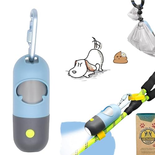Dog Poop Bag Holder Dispenser with LED Flashlight - Night Visibility for Safe Evening Walks | Upgraded Hands-Free Leash Clip | Includes 15 Dog Waste Bags(Blue)