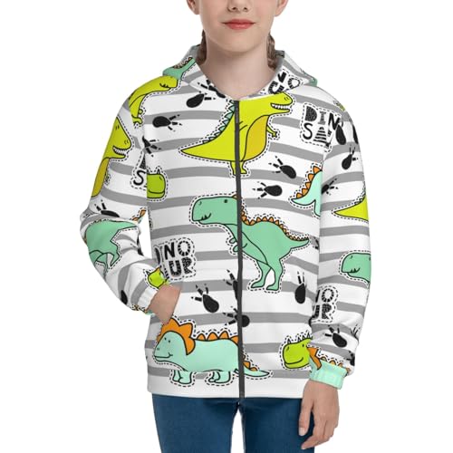 Funny Dinosaurs on Stripes Kid Hoodies Boys Zip Up Sweatshirts Girls Pullover with Pocket3