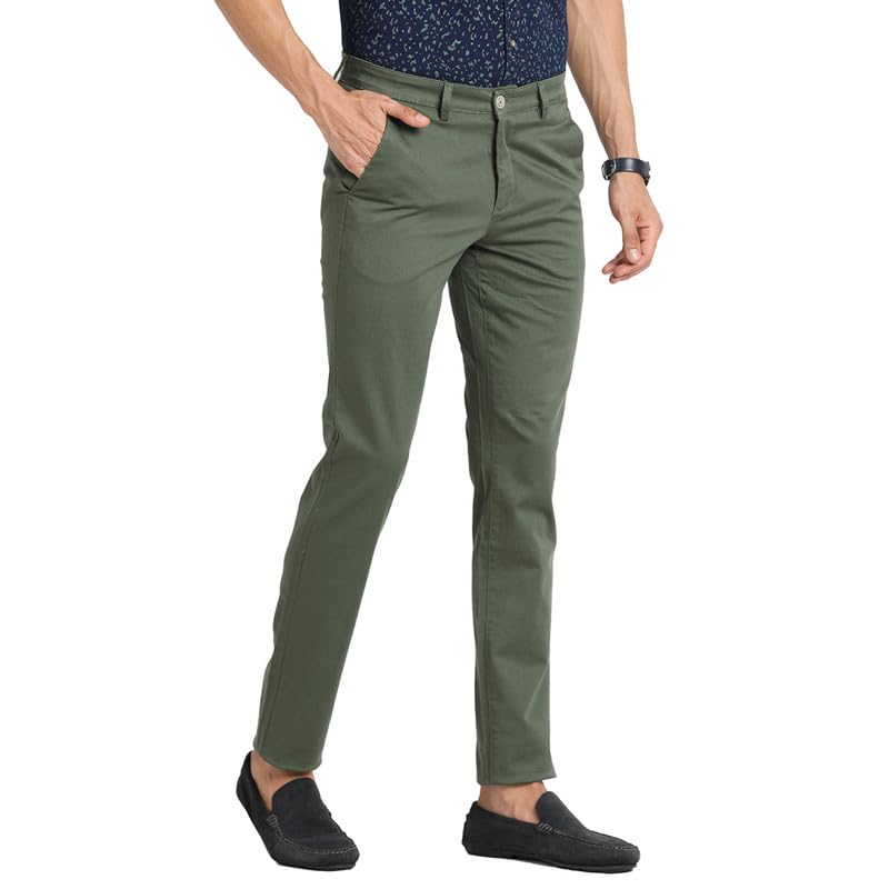 Image of Turtle Men Cotton Stretch Olive Printed Narrow Fit Flat Front Casual Trouser